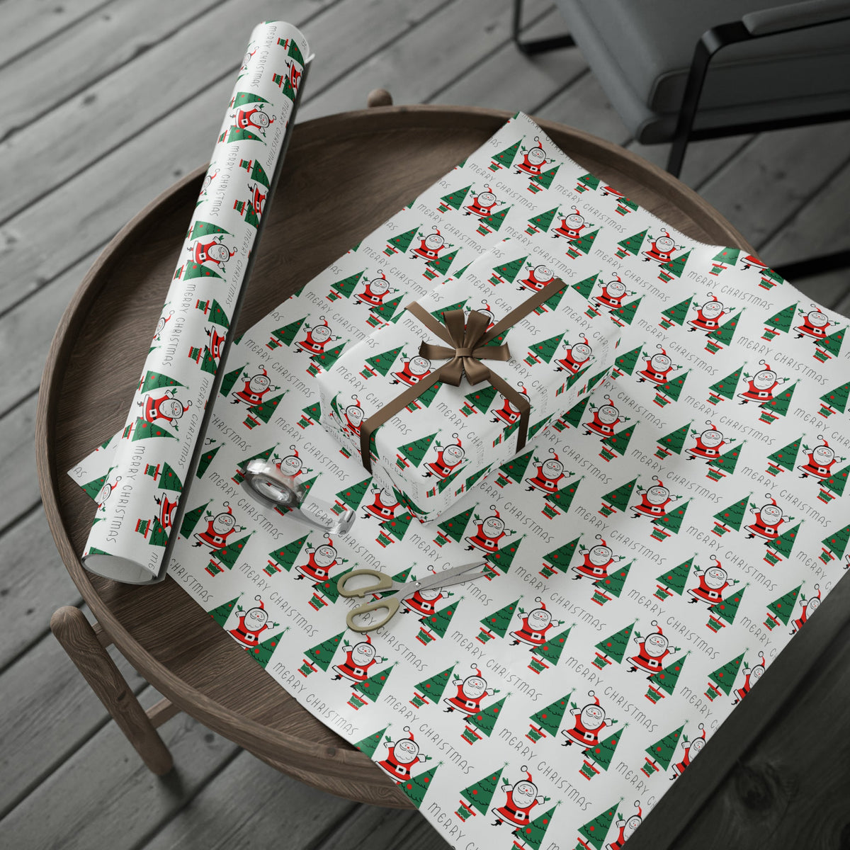 Merry Christmas Santa Christmas Trees Mid Century Retro Christmas Print Holiday Gift Wrap Paper - Glossy Or Matte