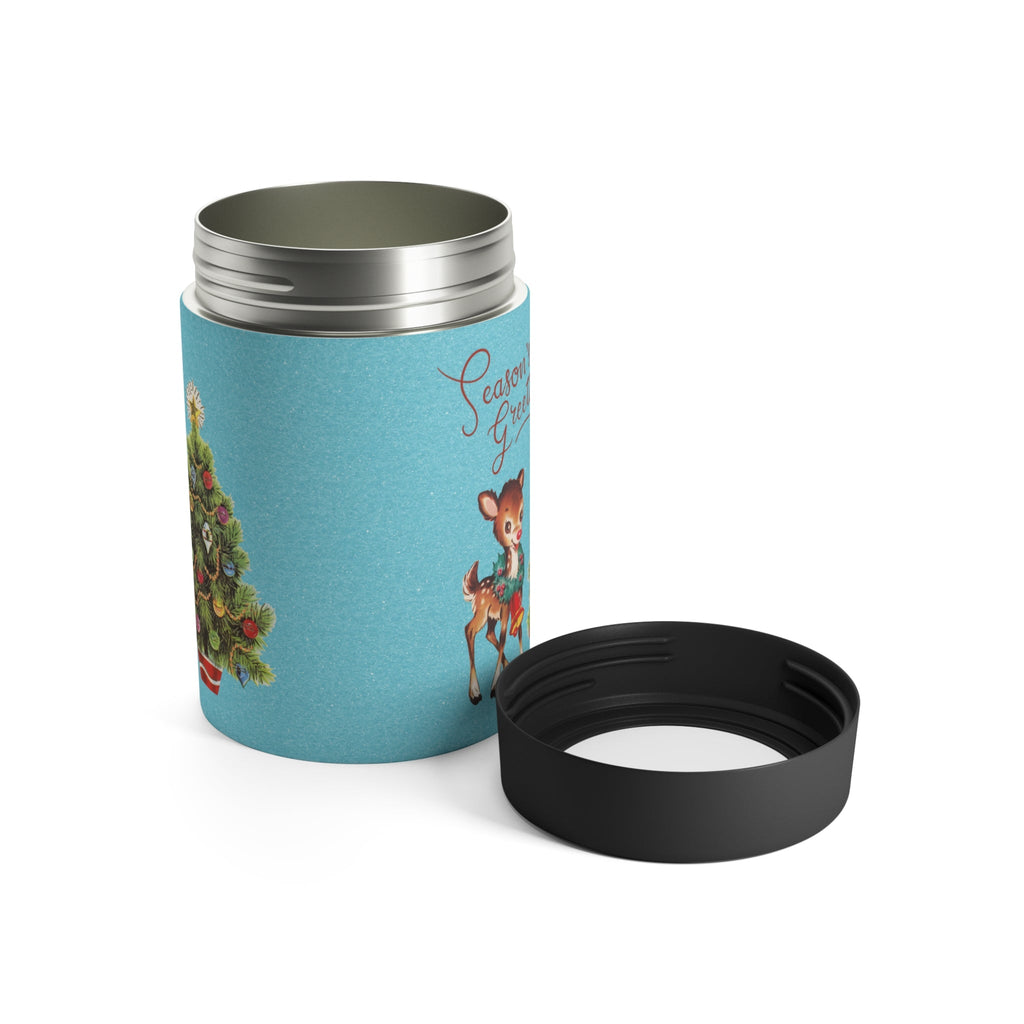 Season's Greeetings Reindeer Christmas Tree Blue Background Mid Century Retro Christmas Print Stainless Steel Can Holder