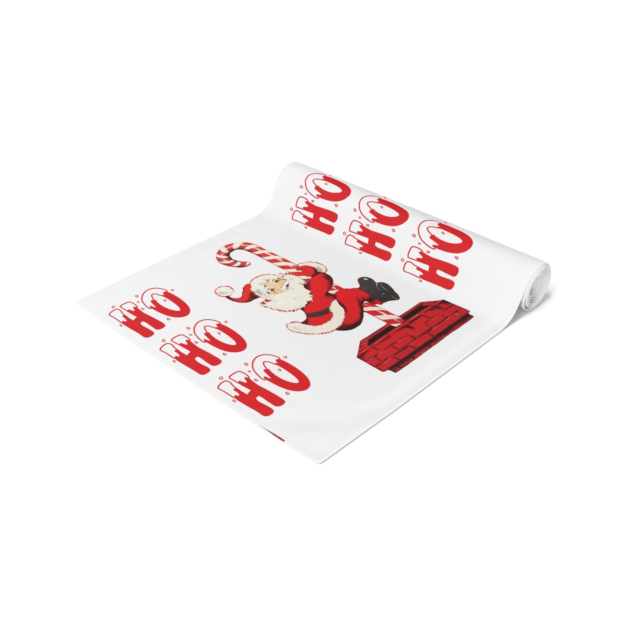 Ho Ho Ho Santa Sliding Down Candy Cane Chimney Mid Century Retro Christmas Party Decor Cotton Poly Table Runner