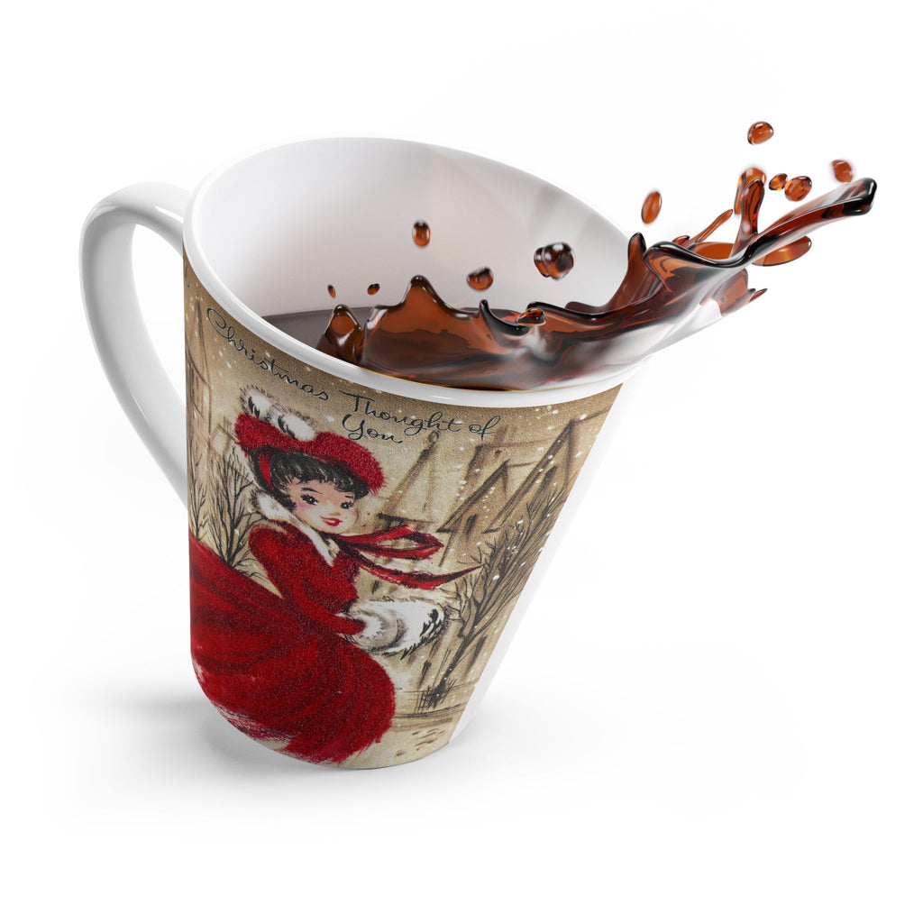 Christmas Mug - A Christmas Thought Of You Lady In Snow City Mid Century Retro Christmas Print Latte Coffee Mug