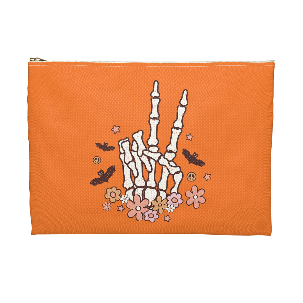 Skeleton Peace Sign Distressed Style Halloween Print Polyester Accessory Pouch Travel Bag