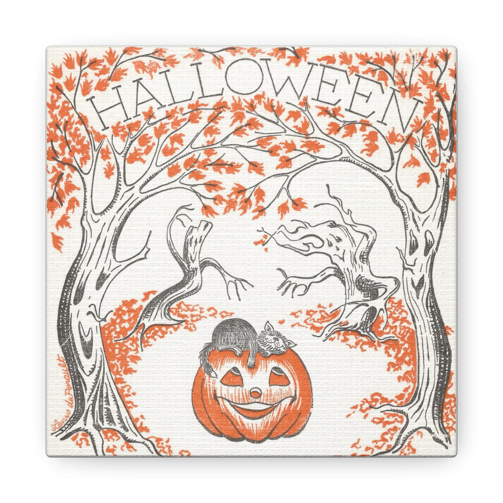 Halloween Trees Black Cat Jack O Lantern Retro Halloween Decor Print Canvas Gallery Wrap