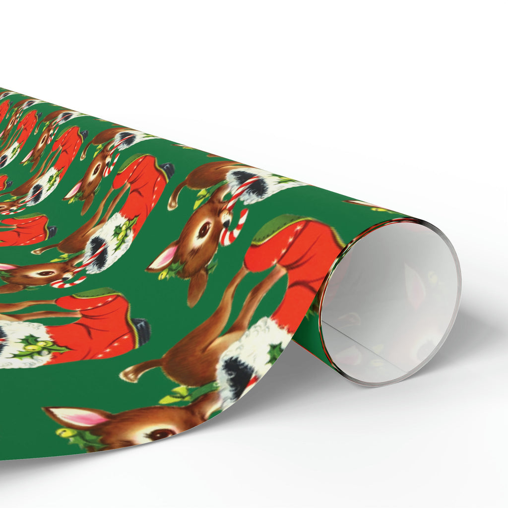 Reindeer With Stocking Mid Century Retro Christmas Print Holiday Gift Wrap Paper - Glossy Or Matte