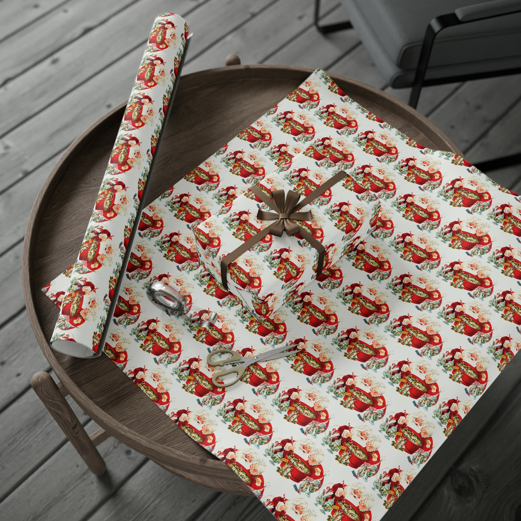 Santa And Mrs Claus Making Christmas Cheer Retro Holiday Gift Wrap Paper - Glossy Or Matte