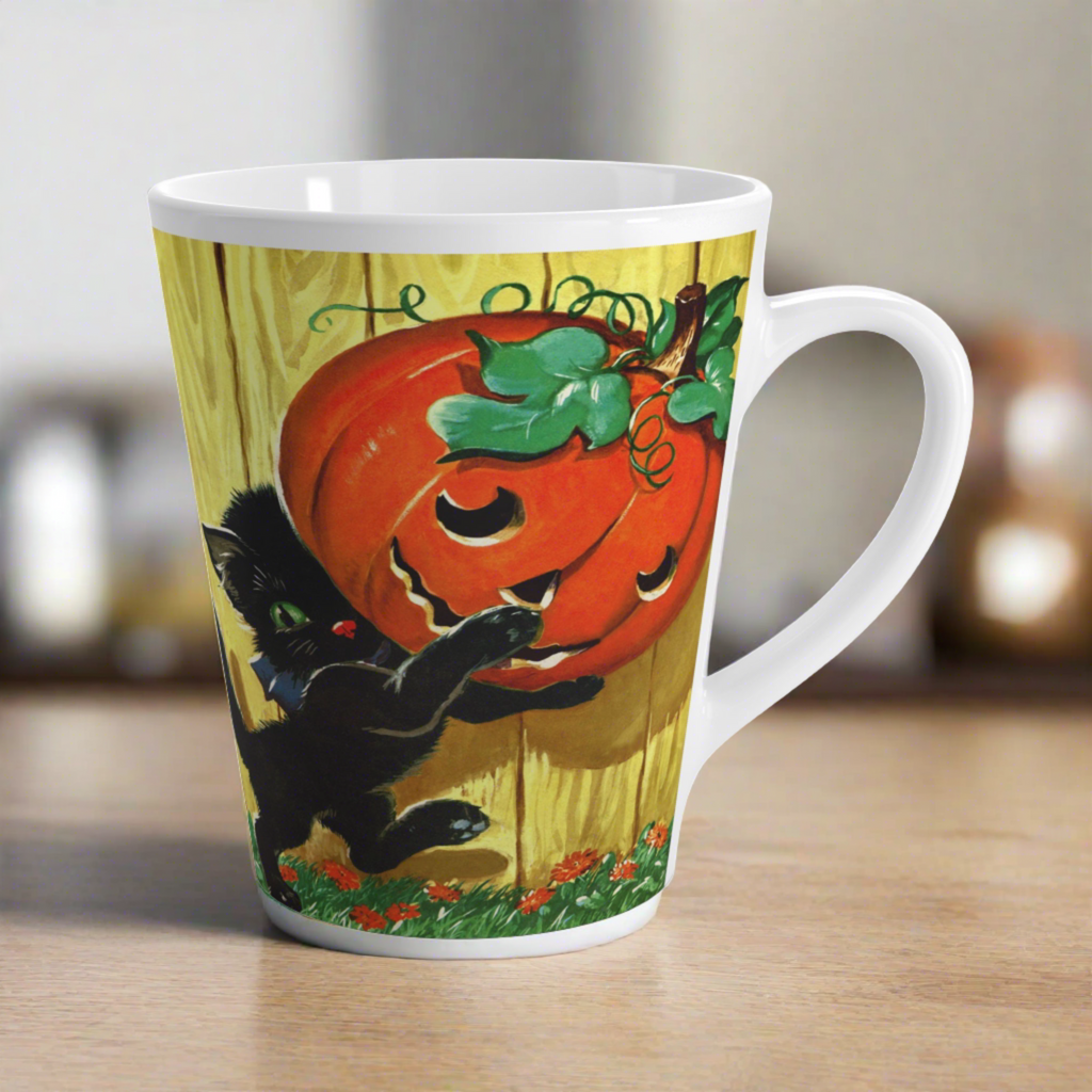 Black Cat With Pumpkin Jack O Lantern Retro Halloween Print Latte Coffee Mug