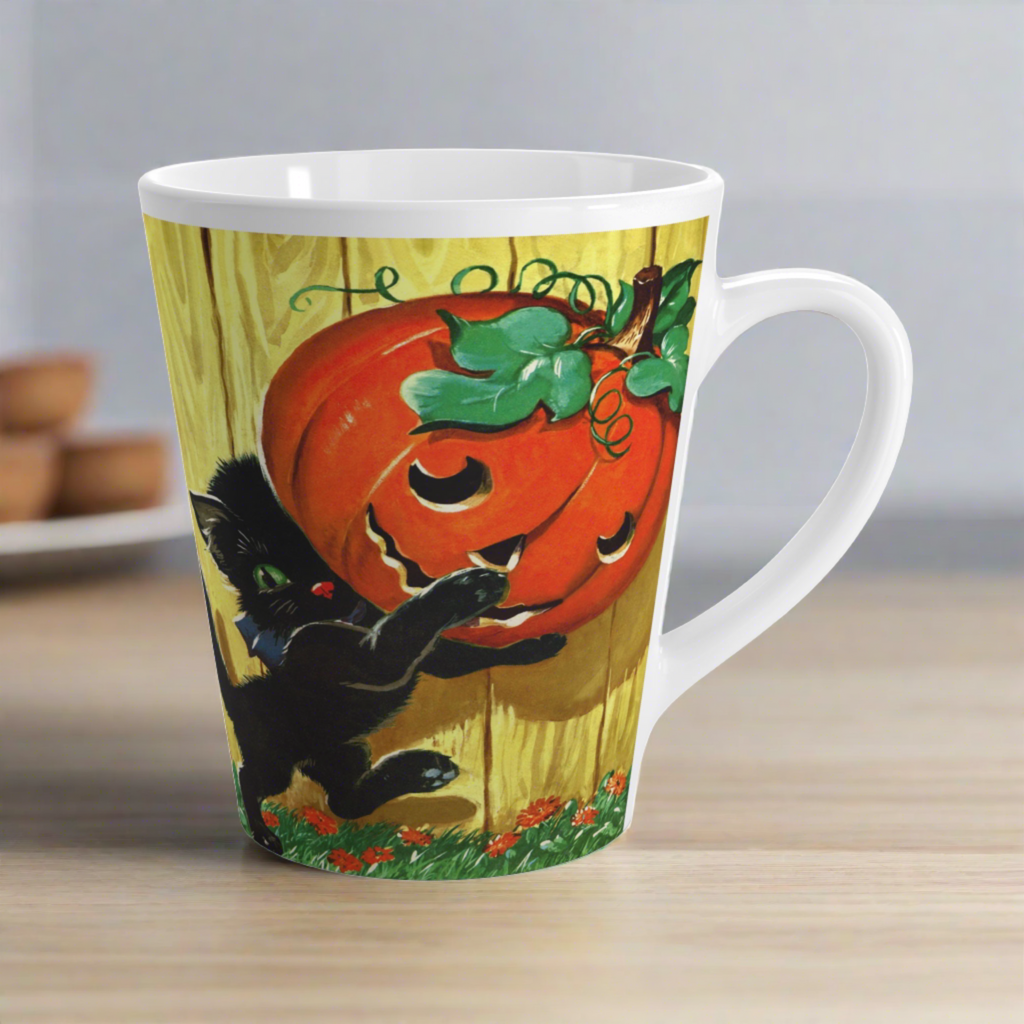 Black Cat With Pumpkin Jack O Lantern Retro Halloween Print Latte Coffee Mug