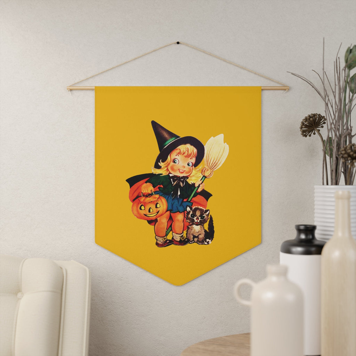 Cute Little Witch And Cat Retro Halloween Print Style Decor Print Wall Hanging Banner Flag