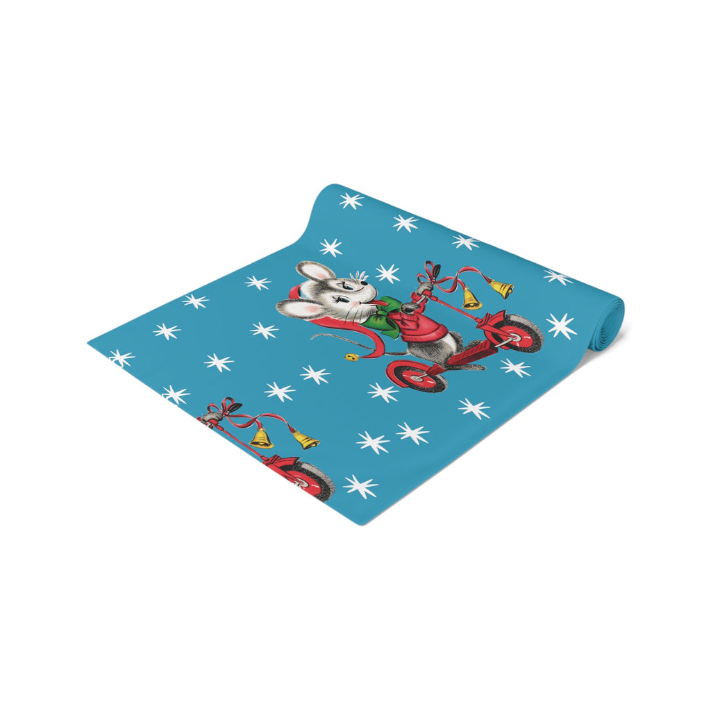 Christmas Mouse On Scooter Blue Mid Century Retro Christmas Print Home Decor Cotton Poly Table Runner