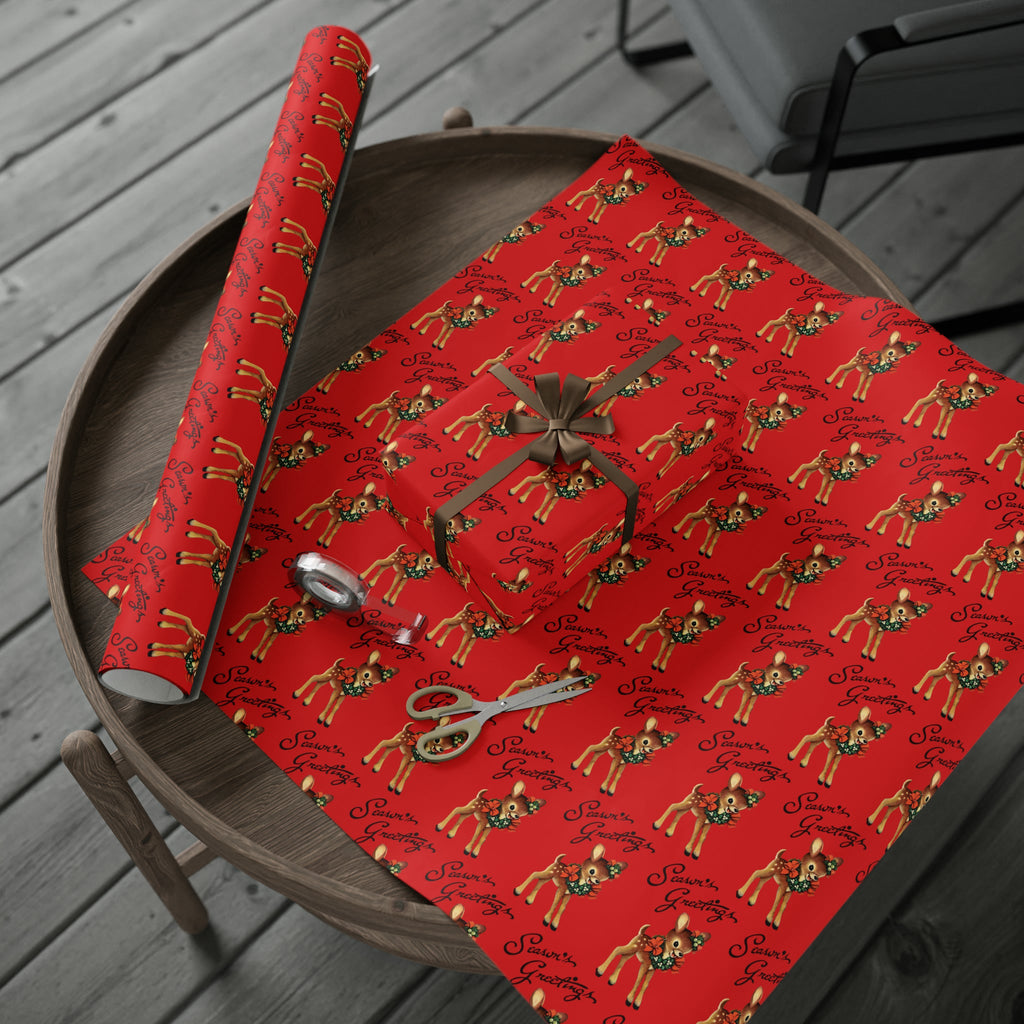 Season's Greetings Reindeer Wreath Retro Christmas Holiday Gift Wrap Paper - Glossy Or Matte