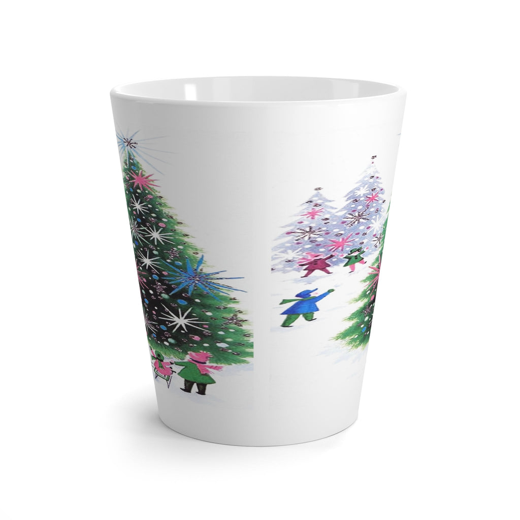 Christmas Trees Kids Sledding Retro Mid Century Christmas Print Latte Mug