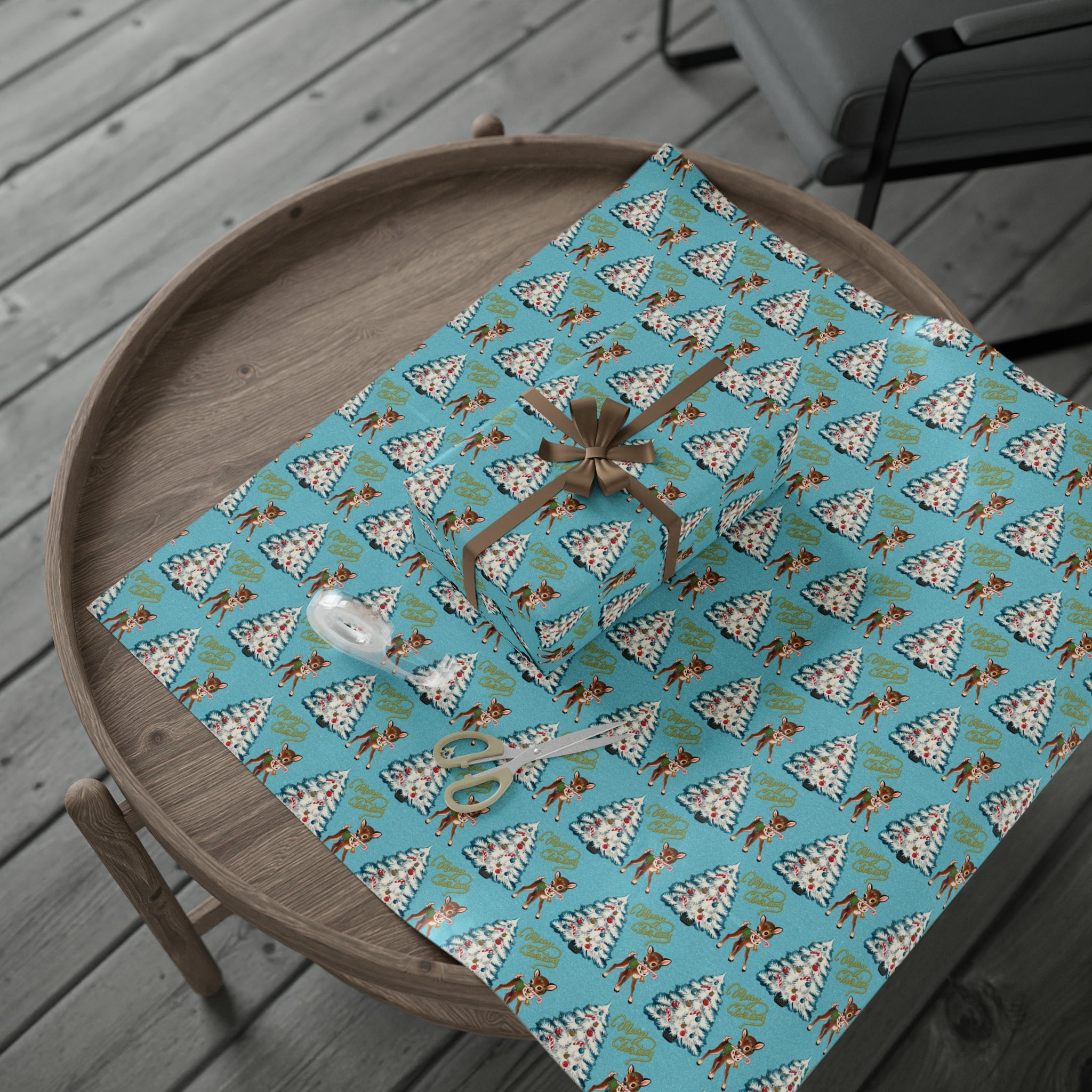 Merry Christmas Reindeer With Candy Cane Tree Blue Mid Century Retro Christmas Print Holiday Gift Wrap Paper - Glossy Or Matte