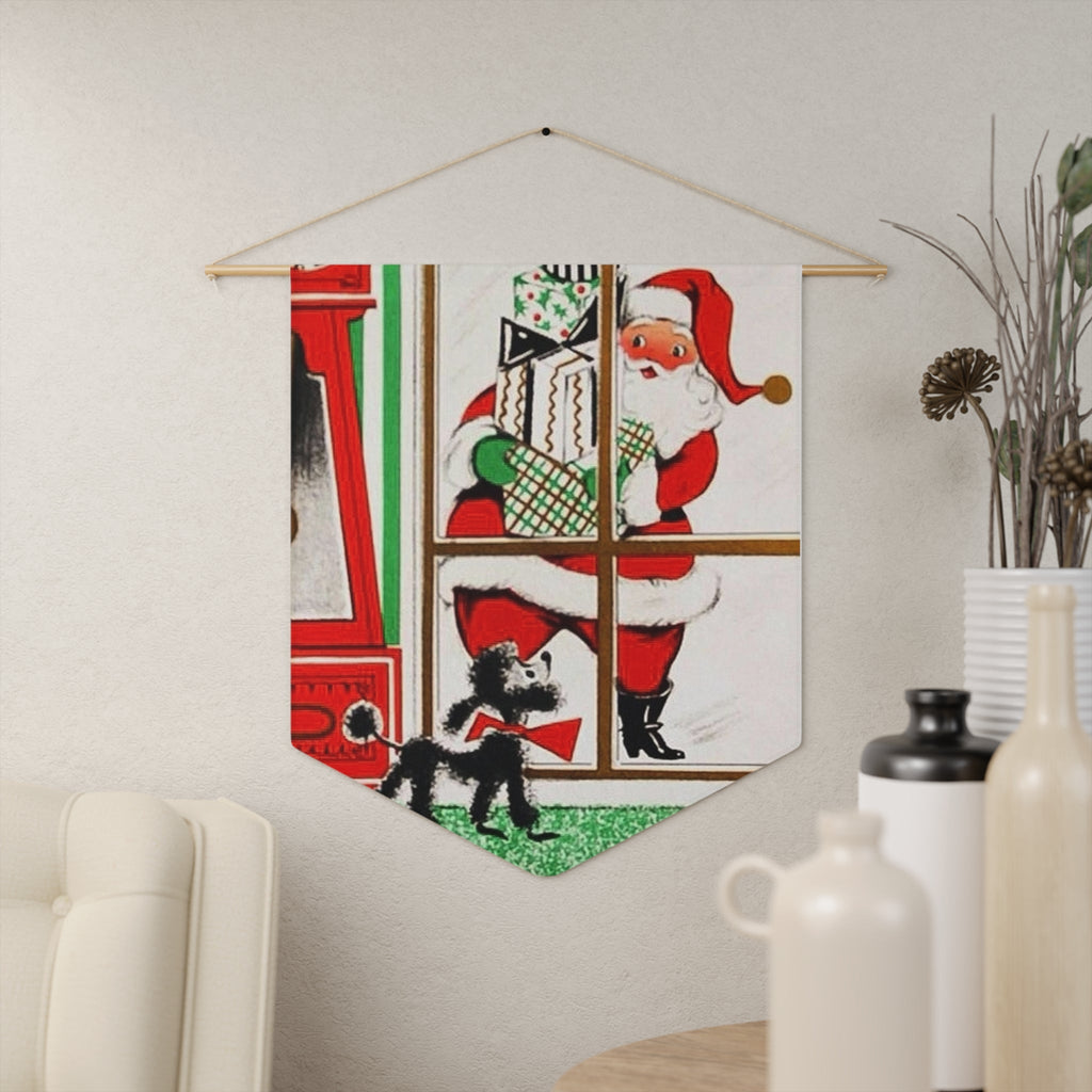 Santa With Presents And Little Black Poodle Retro Christmas Print Wall Hanging Banner Flag