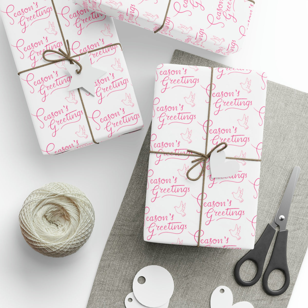 Season's Greetings Pink Dove Pink Retro Style Christmas Print Holiday Gift Wrap Paper - Glossy Or Matte