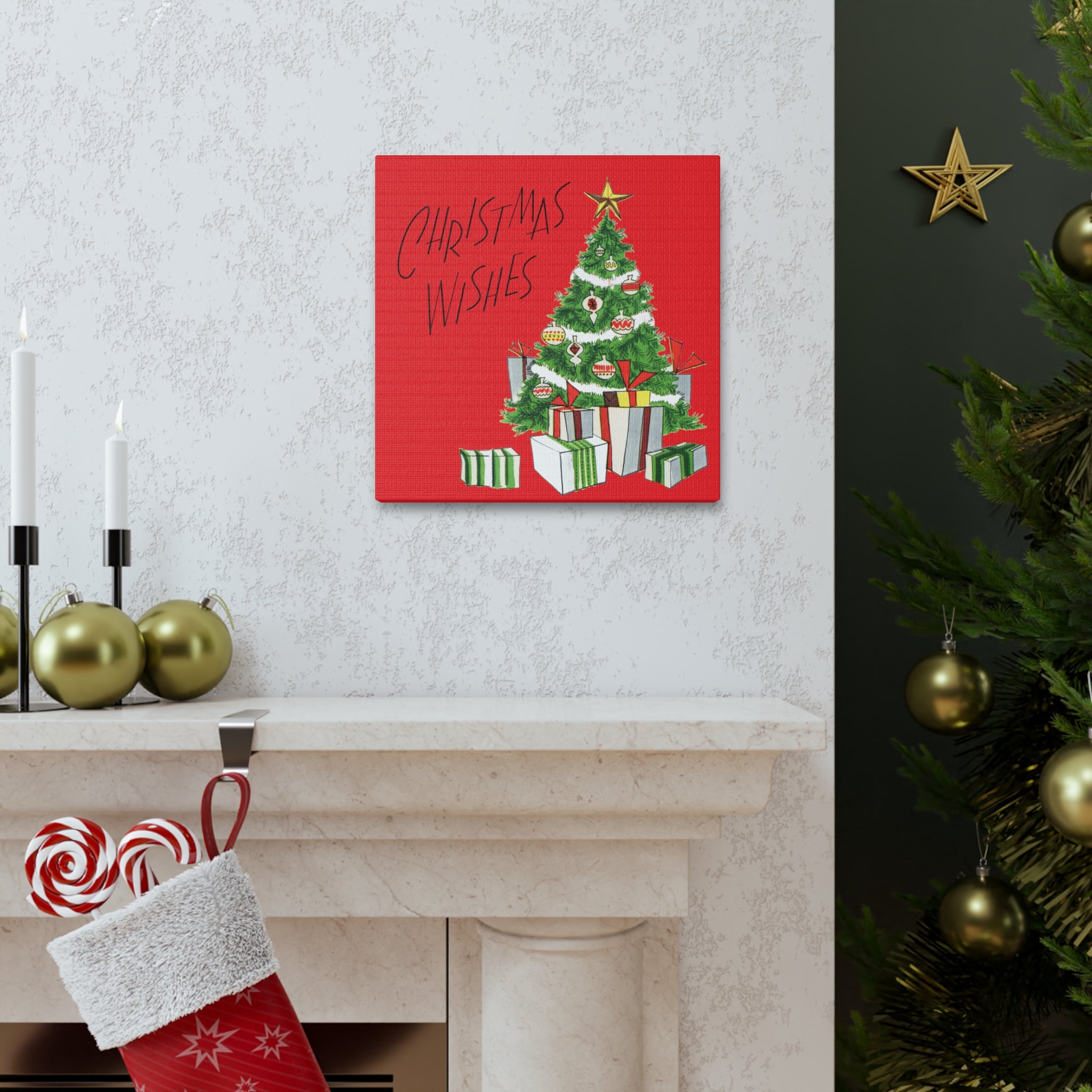 Christmas Wishes Christmas Tree Mid Century Retro Christmas Print Canvas Gallery Wrap