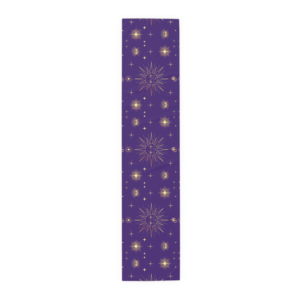 Celestial Gold Sun Stars Tarot Purple Cotton Poly Table Runner