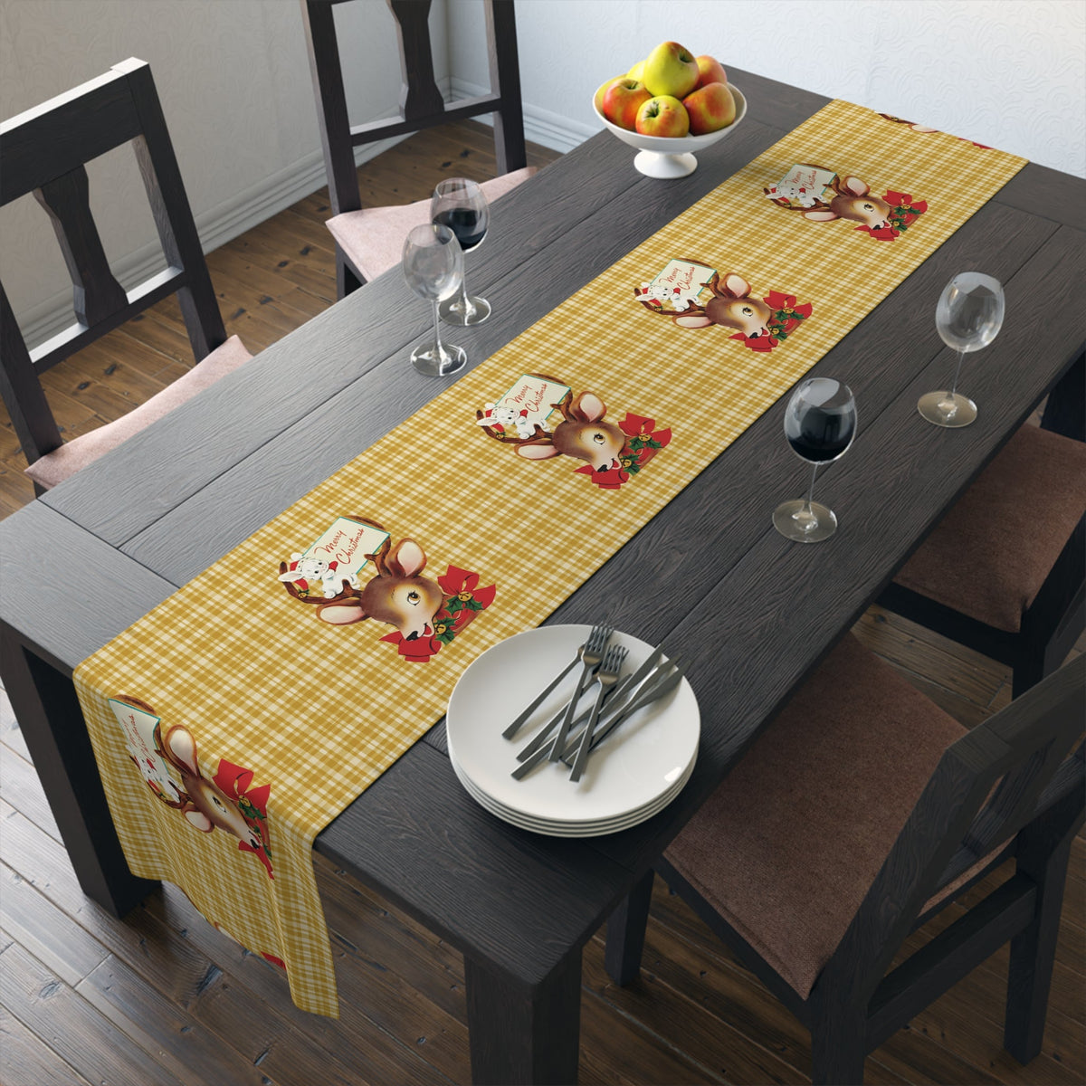 Merry Christmas Reindeer Bunny Yellow Plaid Retro Christmas Print Home Decor Cotton Poly Table Runner