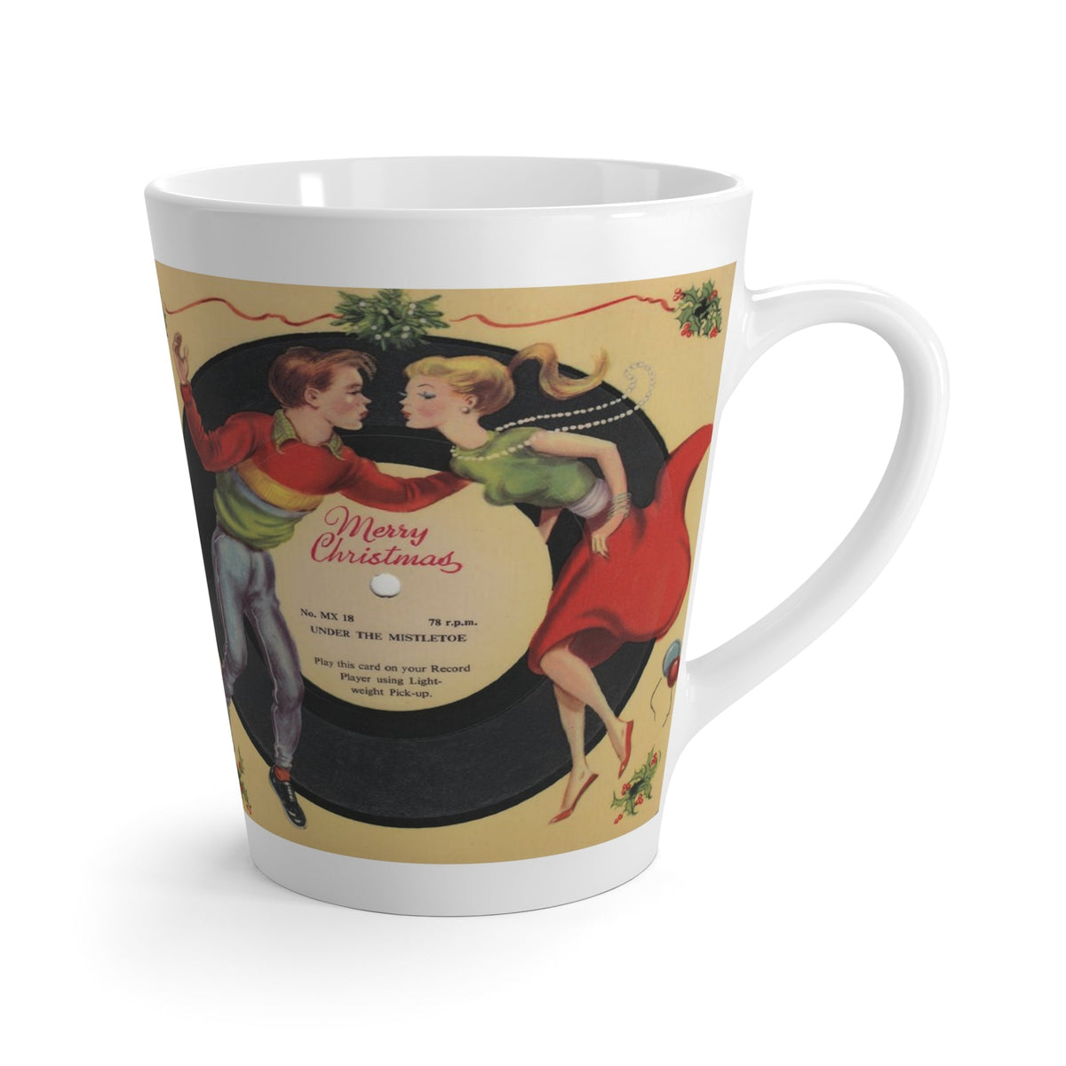 Under The Mistletoe Merry Christmas Couple Record Retro Print Latte Mug