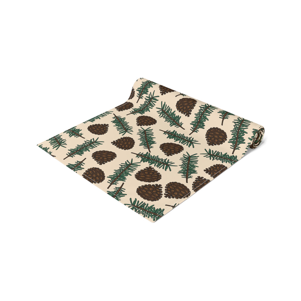 Pinecones With Sprigs Of Pine Cute Winter Christmas Print Home Decor Cotton Poly Table Runner