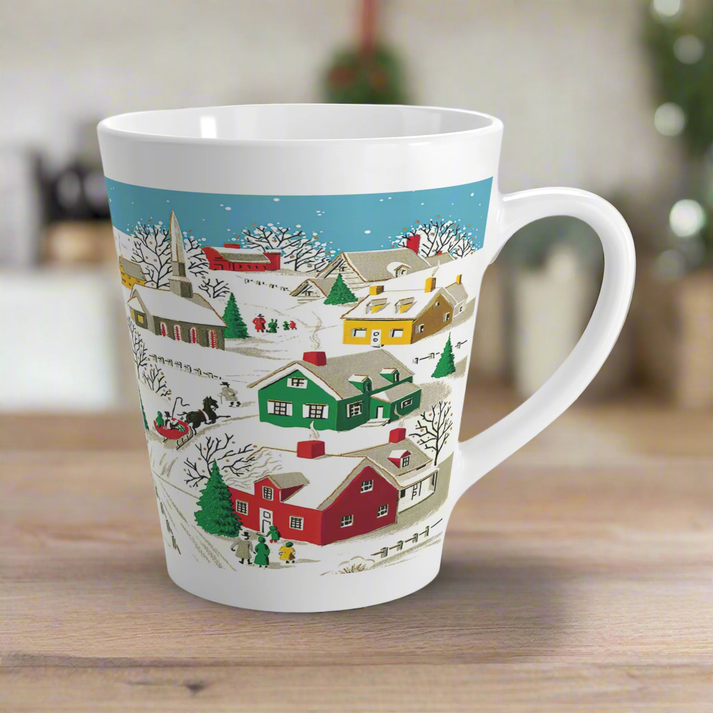 Christmas Village Town Mid Century Retro Christmas Print Latte Mug