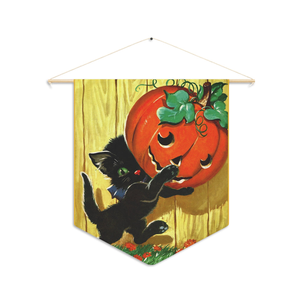 Cute Black Cat Pumpkin Jack O Lantern Retro Halloween Print Wall Hanging Banner Flag
