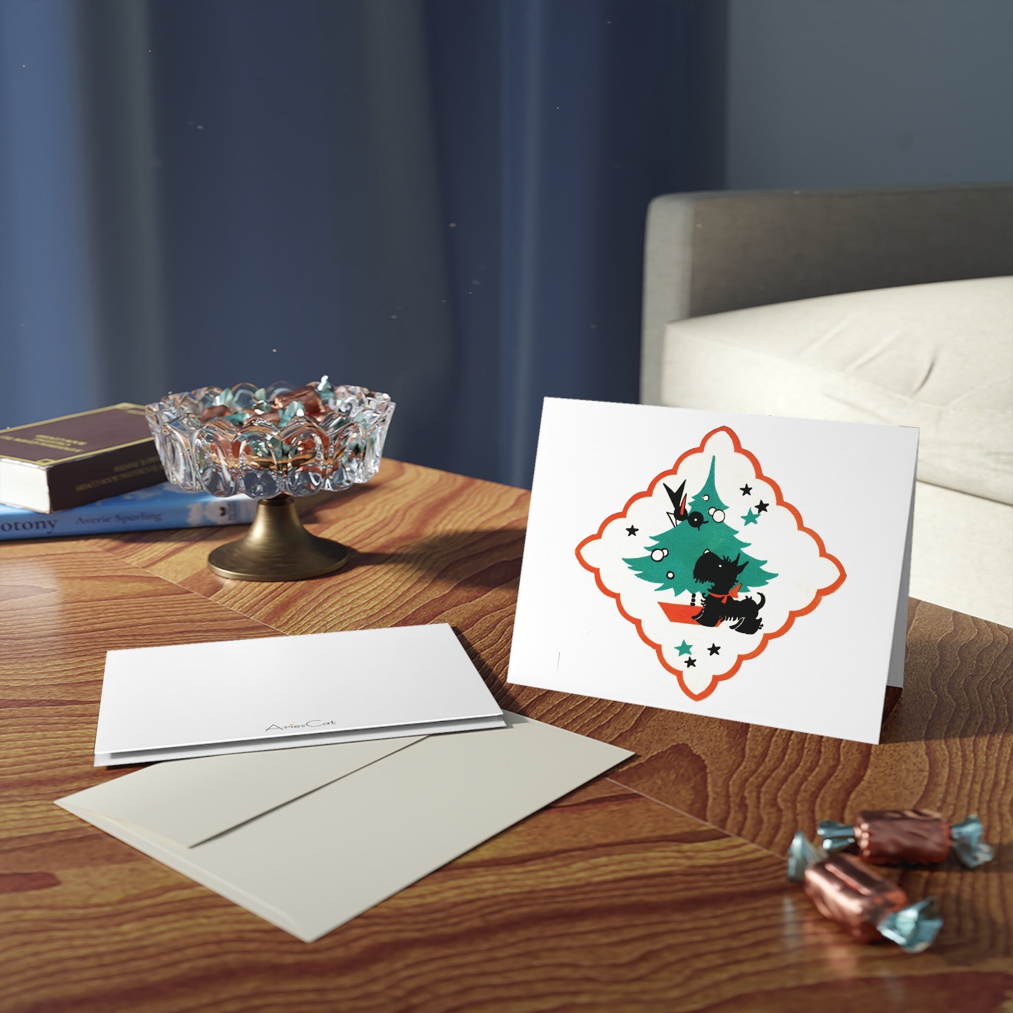 Scottie Blackbird Christmas Tree Mid Century Retro Christmas Print Matte Greeting Cards (8, 16, and 24 pcs)