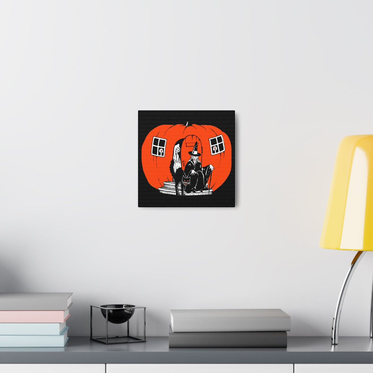 Pumpkin House Witch Black Cat Retro Halloween Decor Print Canvas Gallery Wrap