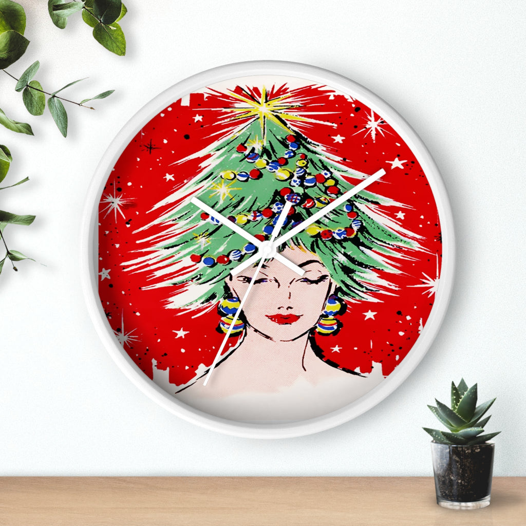 Christmas Tree Hat Lady Christmas 50s Mid Century Retro Christmas Print White Christmas Wall Clock