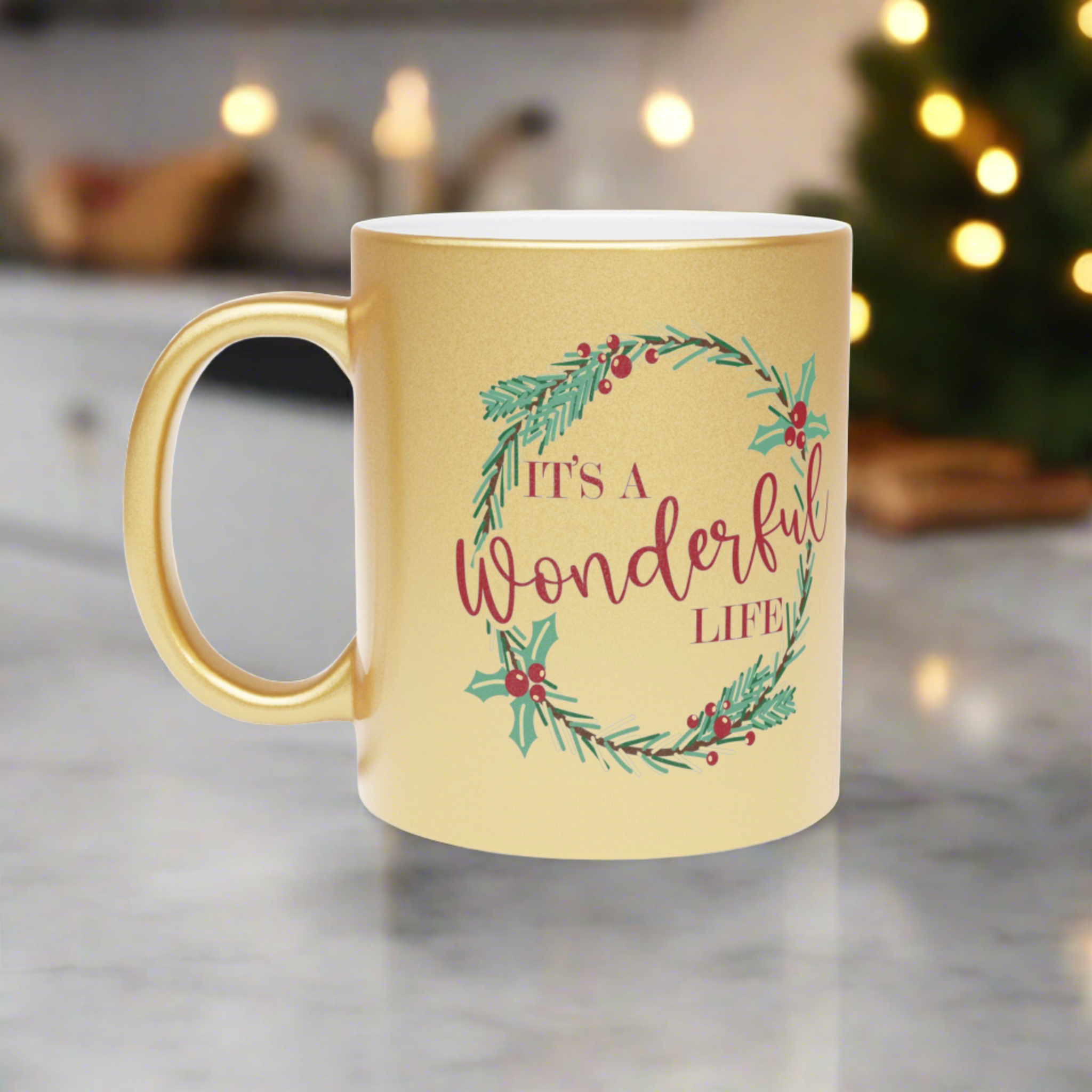It's A Wonderful Life Wreath Christmas Gold Metallic Mug