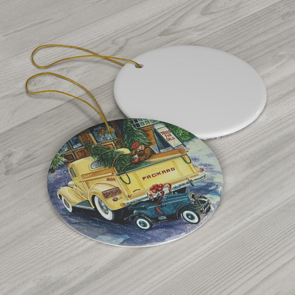 Merry Christmas Yellow Packard Truck Retro Christmas Print Ceramic Ornament