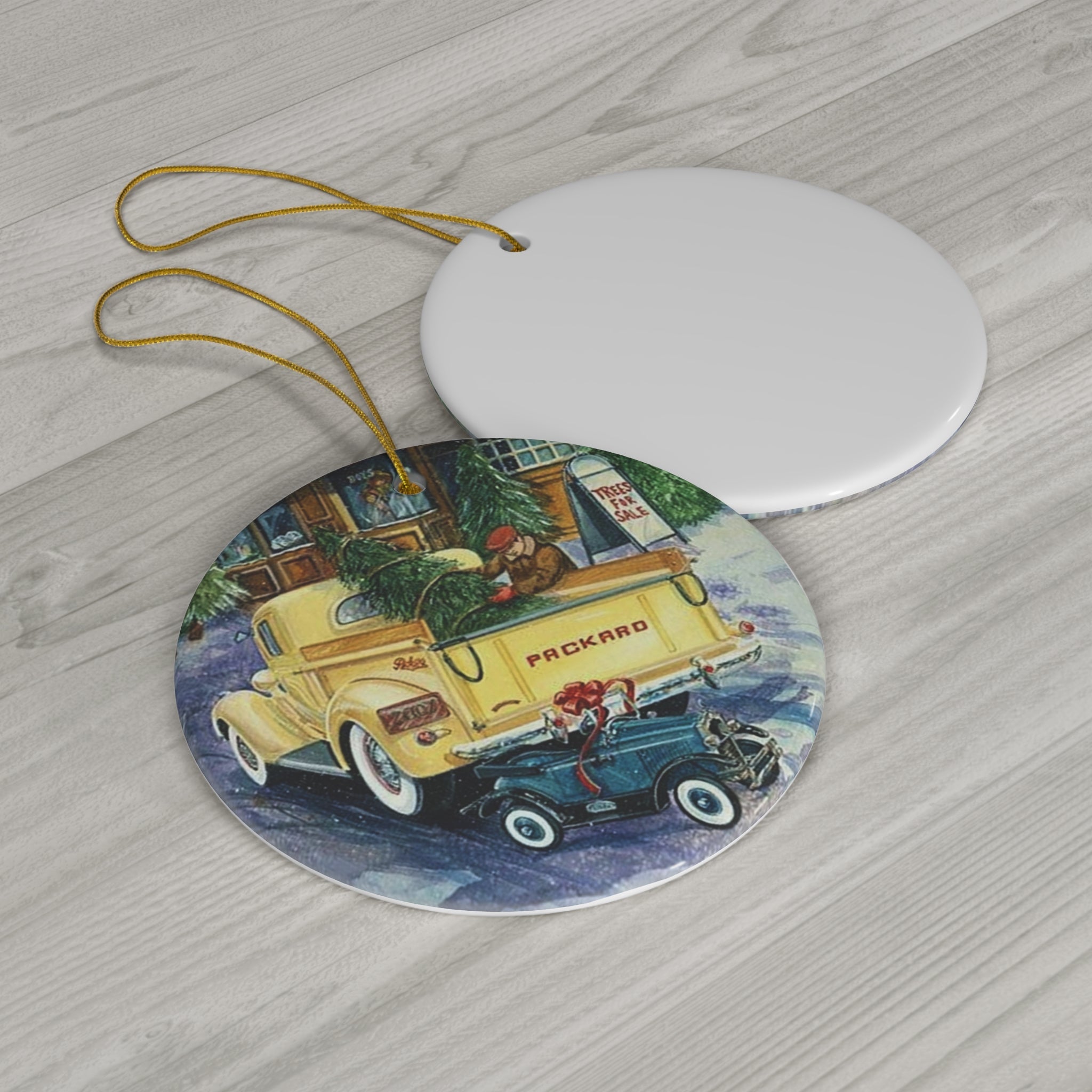 Merry Christmas Yellow Packard Truck Retro Christmas Print Ceramic Ornament