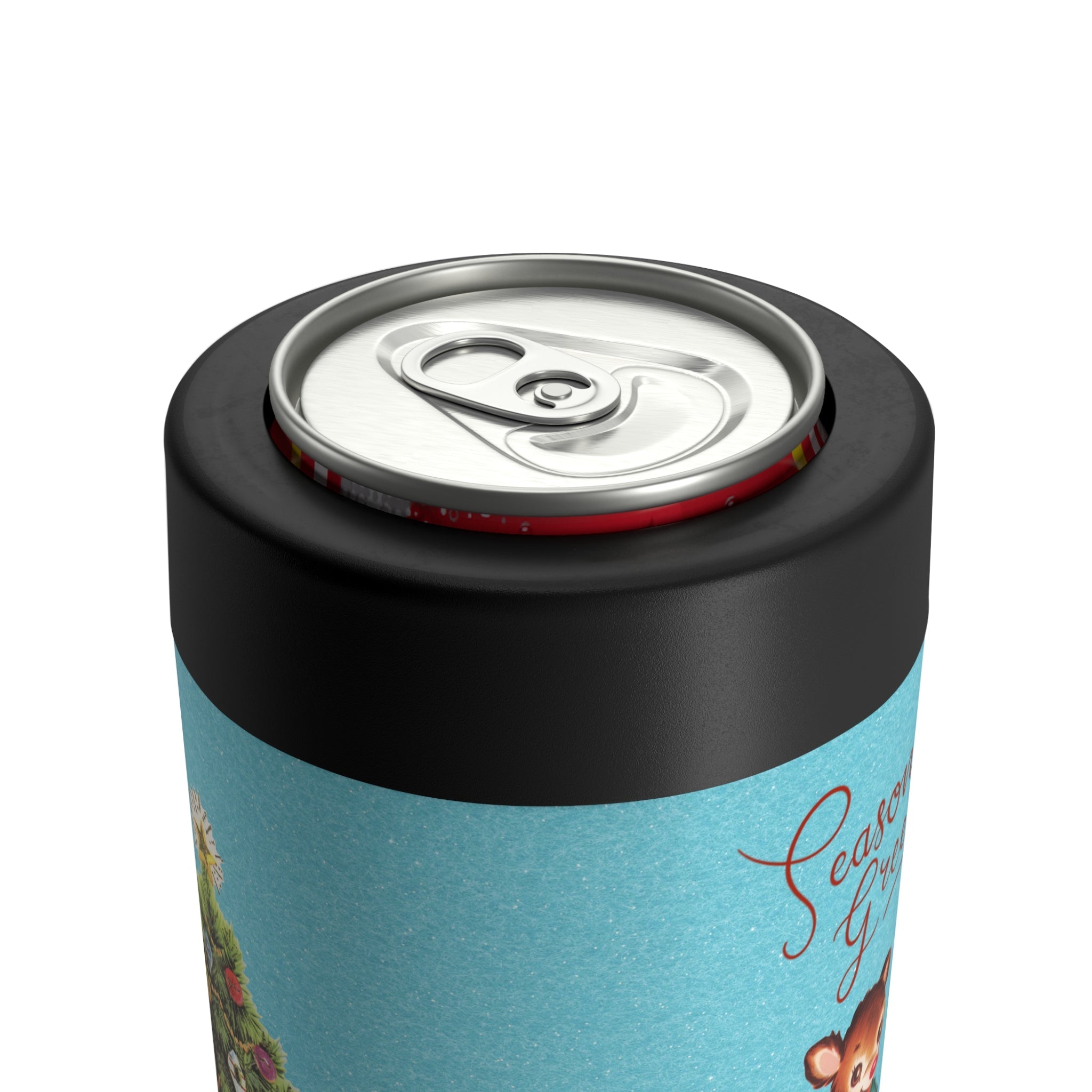 Season's Greeetings Reindeer Christmas Tree Blue Background Mid Century Retro Christmas Print Stainless Steel Can Holder