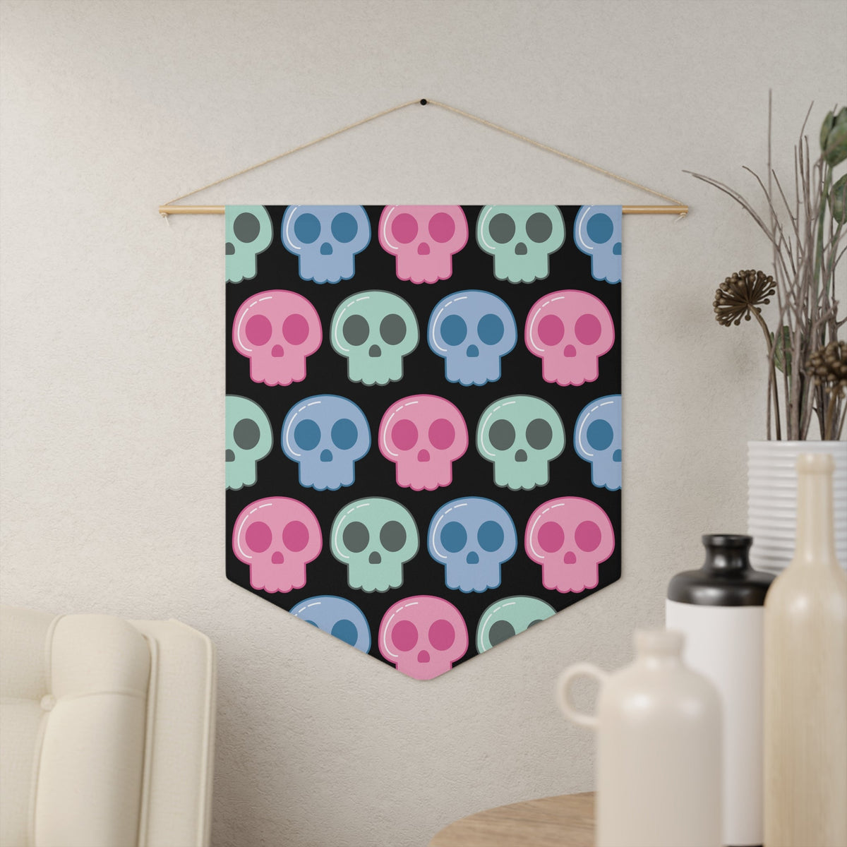 Pastel Goth Skulls Cute Halloween Skulls Print Black Pennant Banner Wall Hanging