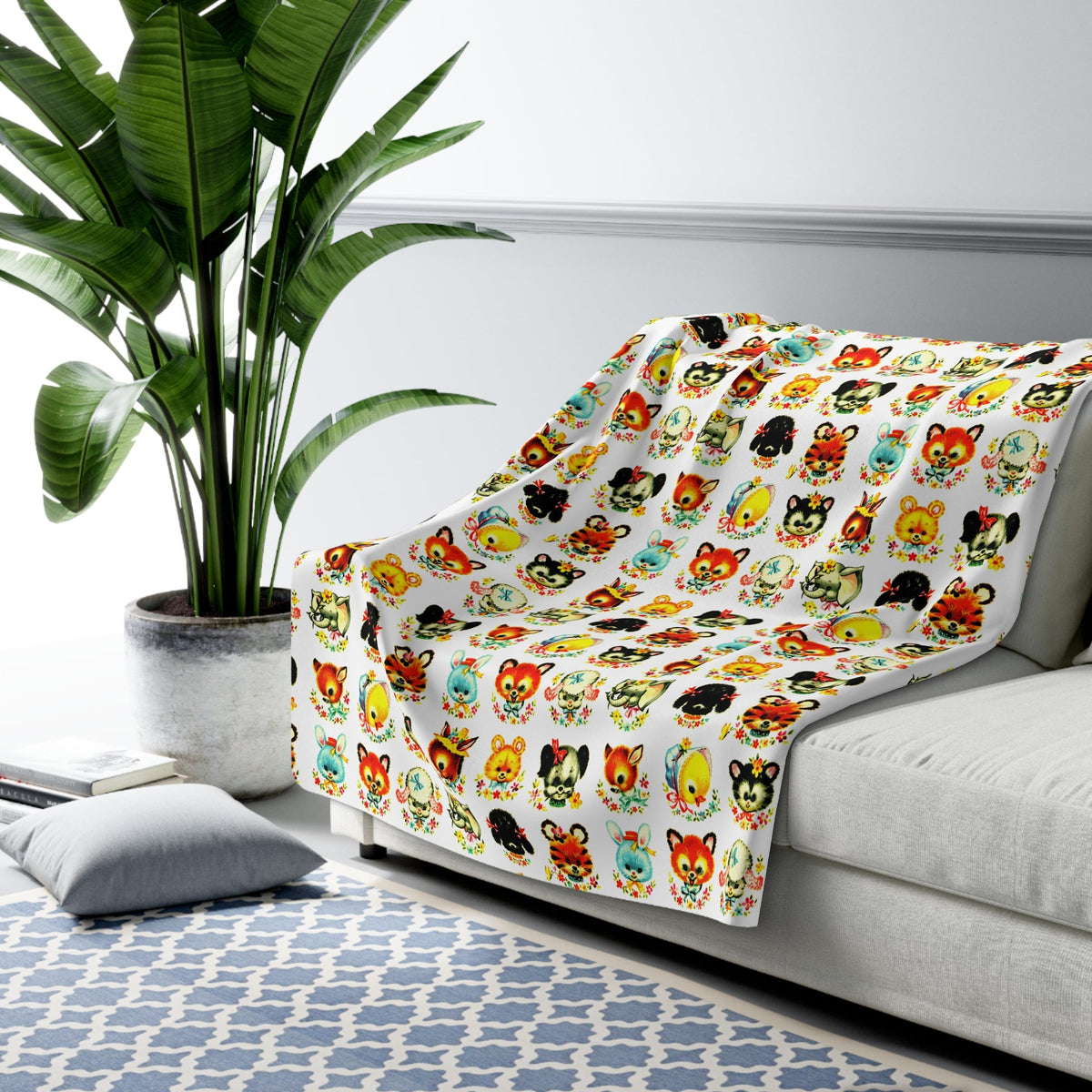 Cute Retro Animals Mid Century Retro Print Sherpa Fleece Blanket