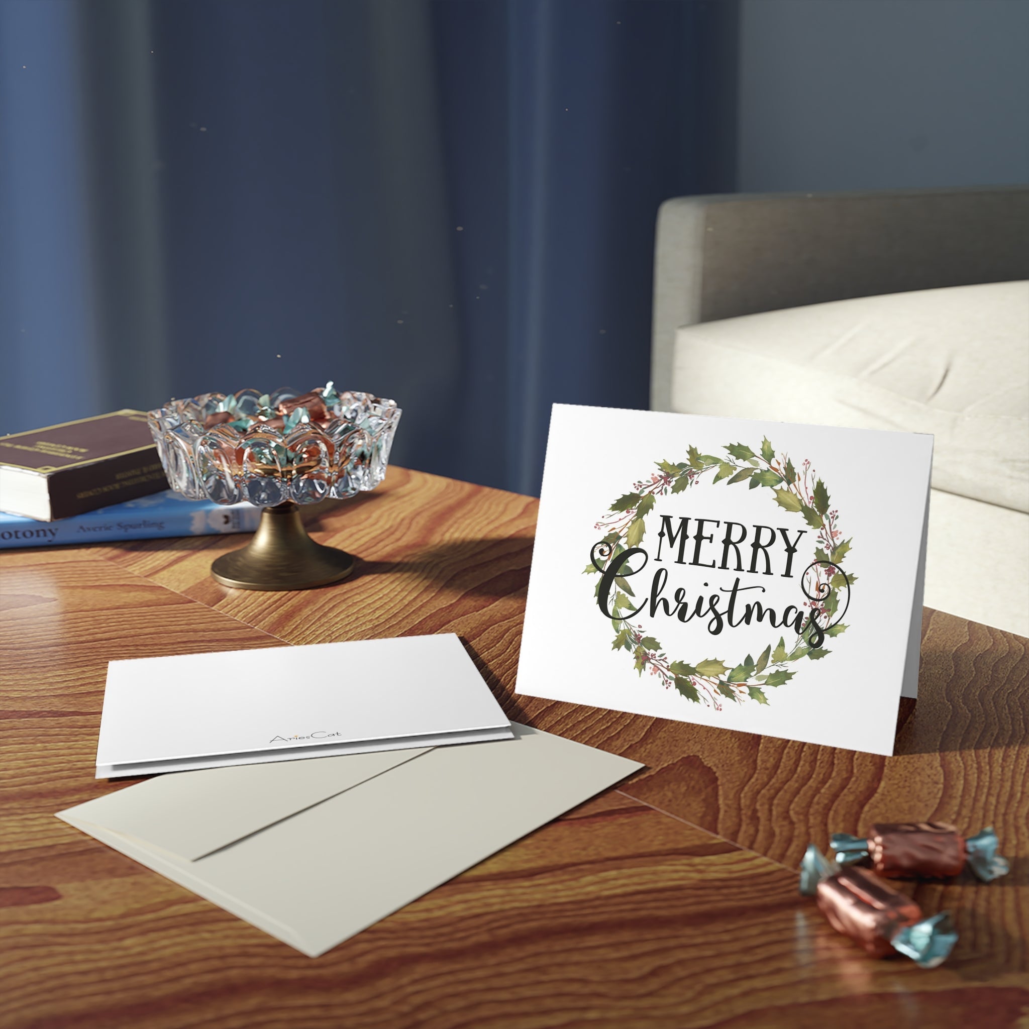 Merry Christmas Wreath Retro Style Christmas Print Matte Greeting Cards (8, 16, and 24 pcs)