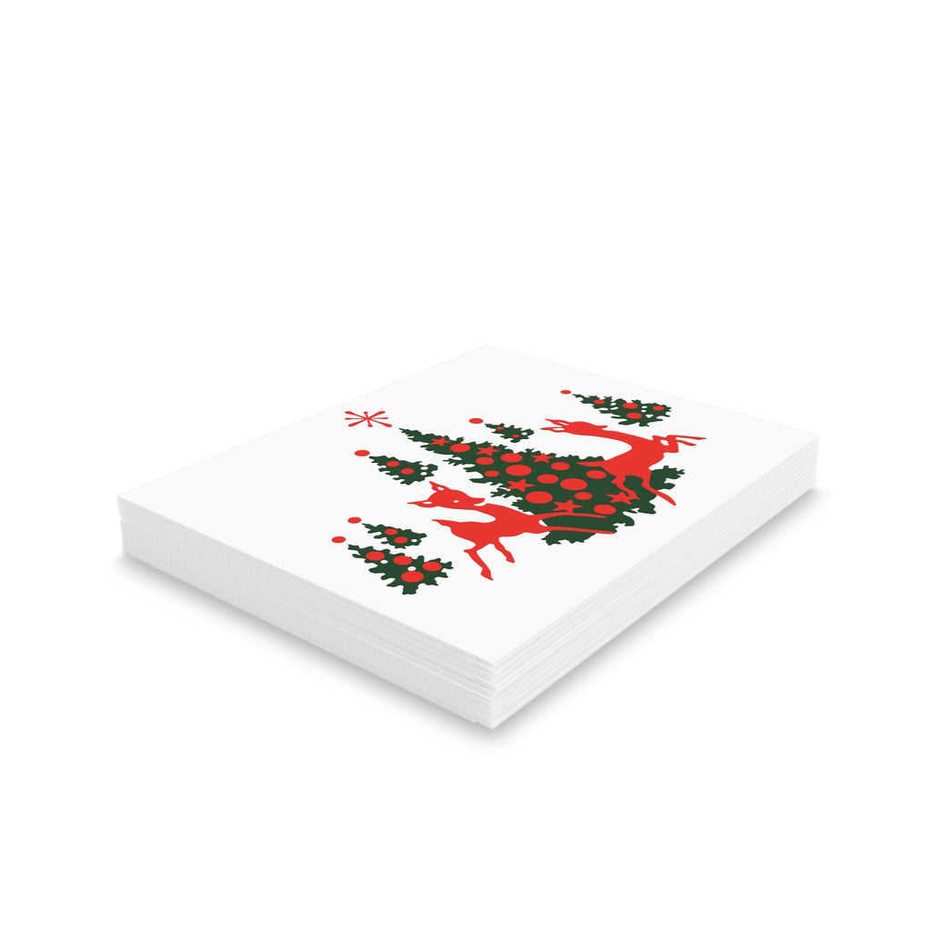 Red Reindeer Christmas Trees Mid Century Retro Christmas Print Matte Greeting Cards (8, 16, and 24 pcs)