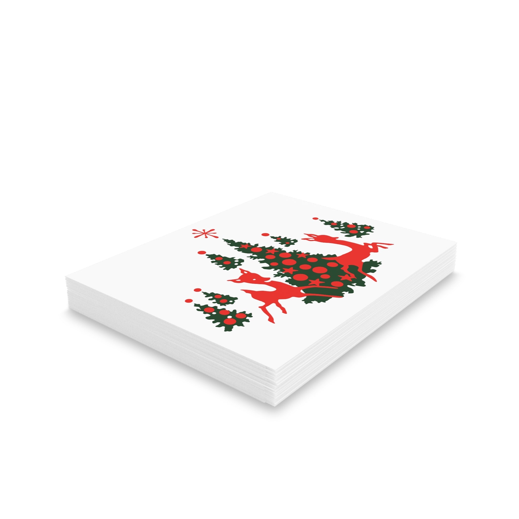 Red Reindeer Christmas Trees Mid Century Retro Christmas Print Matte Greeting Cards (8, 16, and 24 pcs)