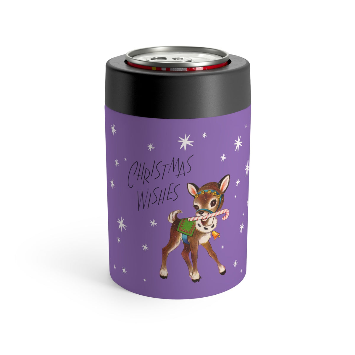 Christmas Wishes Reindeer Stars Purple Mid Century Retro Christmas Print Stainless Steel Can Holder
