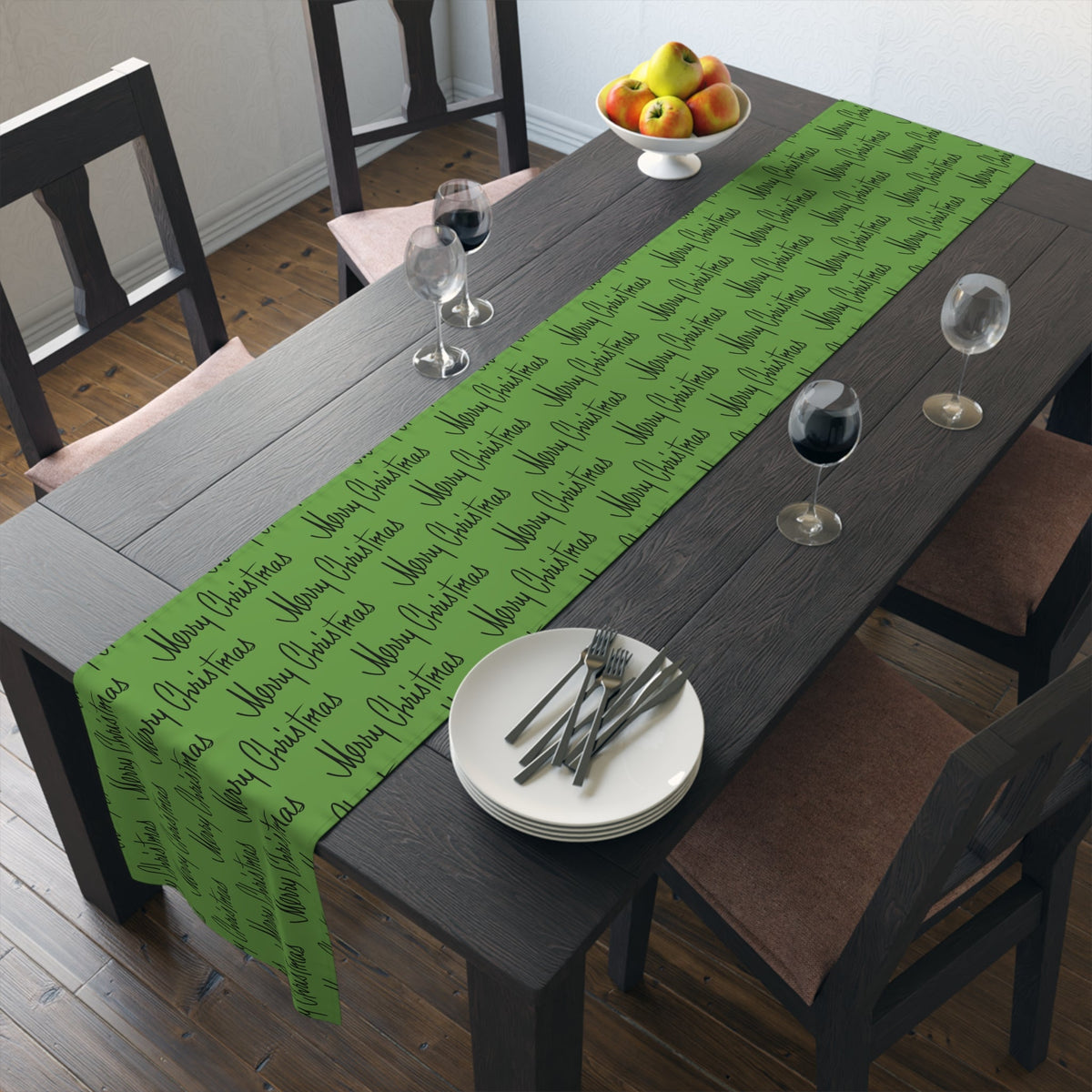 Merry Christmas Mid Century Retro Style Green Christmas Print Home Decor Cotton Poly Table Runner