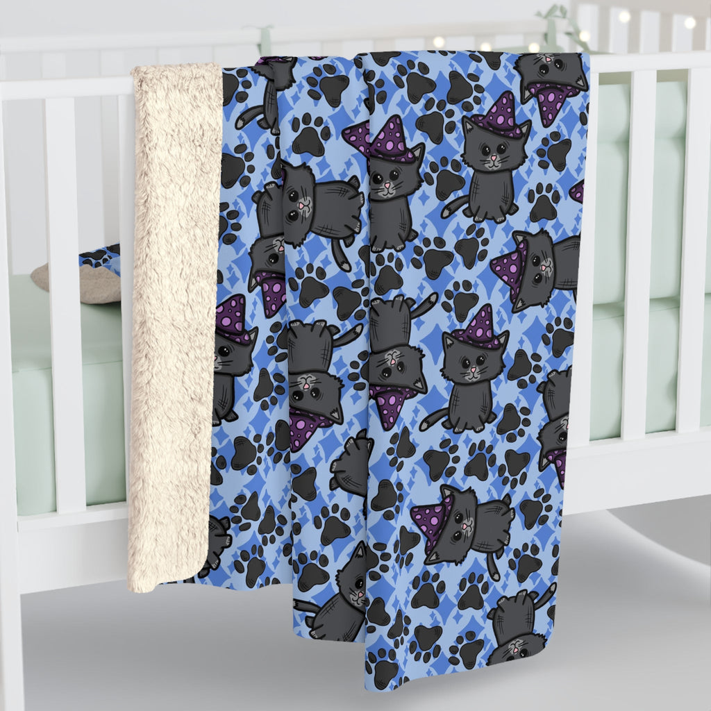 Witchy Kitties Blue Halloween Sherpa Fleece Blanket