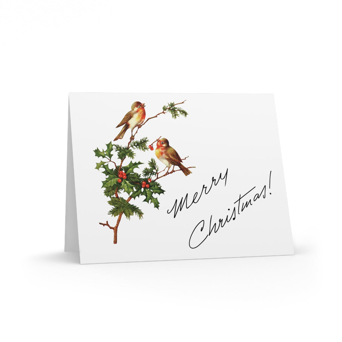 Merry Christmas Birds With Holly Berries Retro Christmas Style Pink Matte Greeting Cards (8, 16, and 24 pcs)