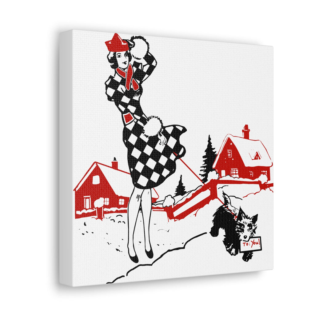 Christmas Lady And Dog Canvas Gallery Wrap - Retro Style