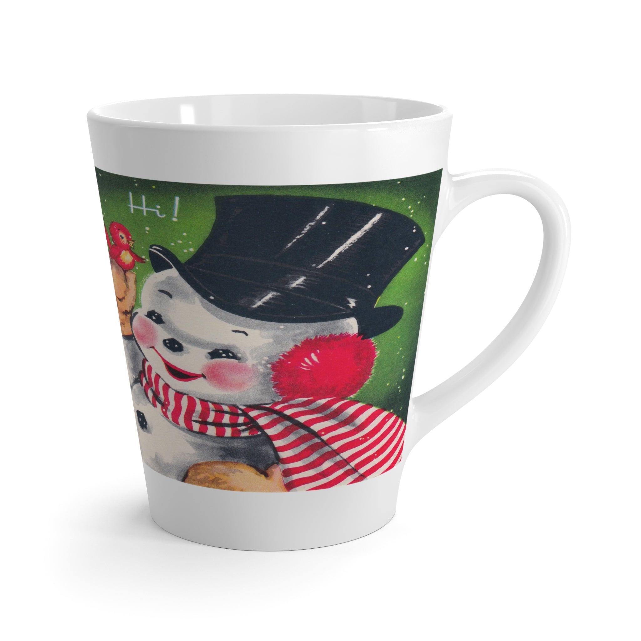 Hi Snowman With Bird Mid Century Retro Christmas Print Latte Mug