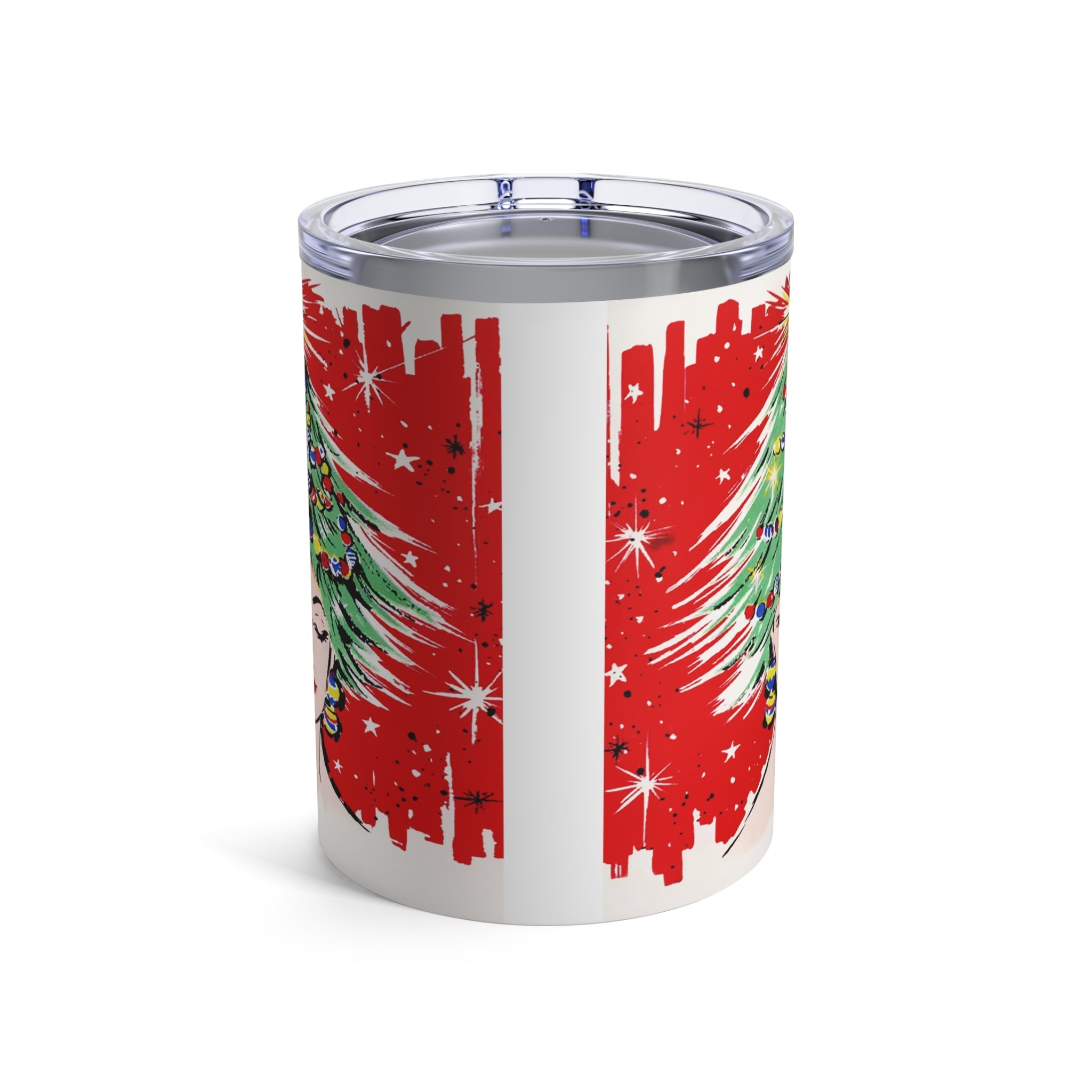 Christmas Tree Hat Lady 50s Mid Century Retro Christmas Print Stainless Steel Tumbler 10oz