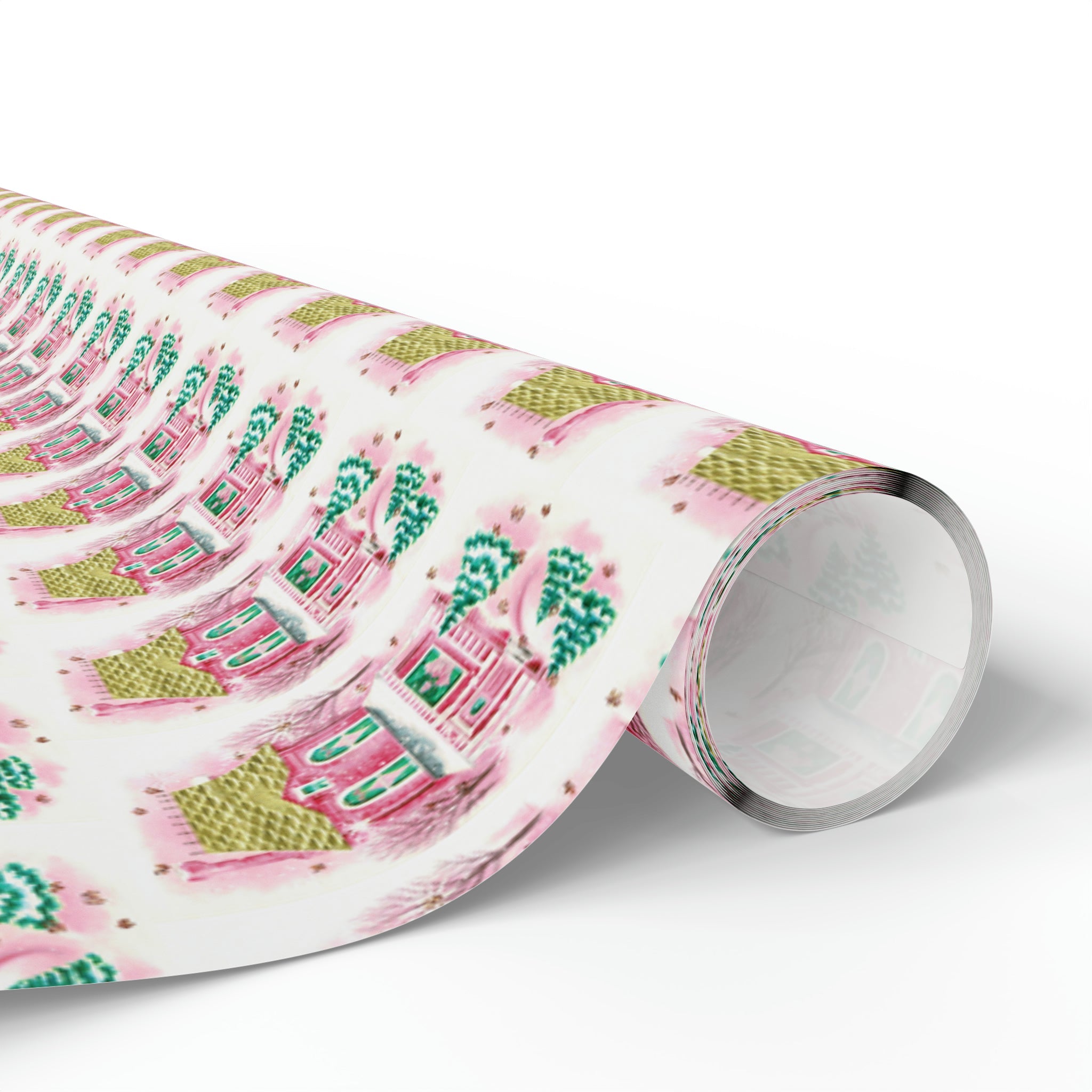 Pink Christmas House Mid Century Retro Christmas Print Holiday Gift Wrap Paper - Glossy Or Matte