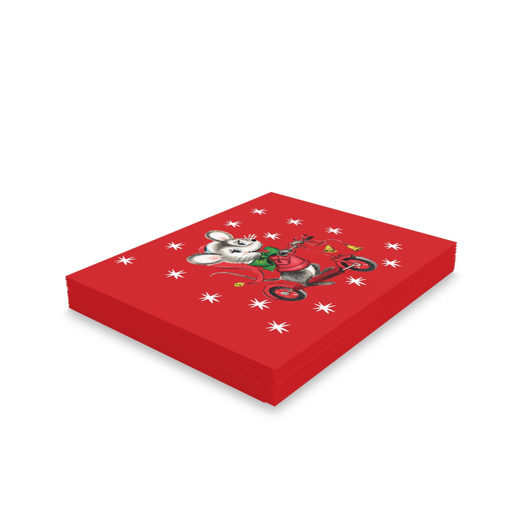 Christmas Mouse On Scooter Stars Mid Century Retro Christmas Print Red Matte Greeting Cards (8, 16, and 24 pcs)