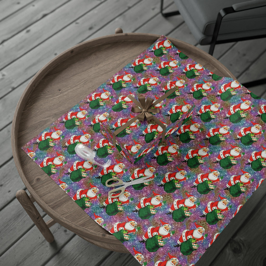 Santa With His Sack Of Presents Glitter Background Mid Century Retro Christmas Print Holiday Gift Wrap Paper - Glossy Or Matte