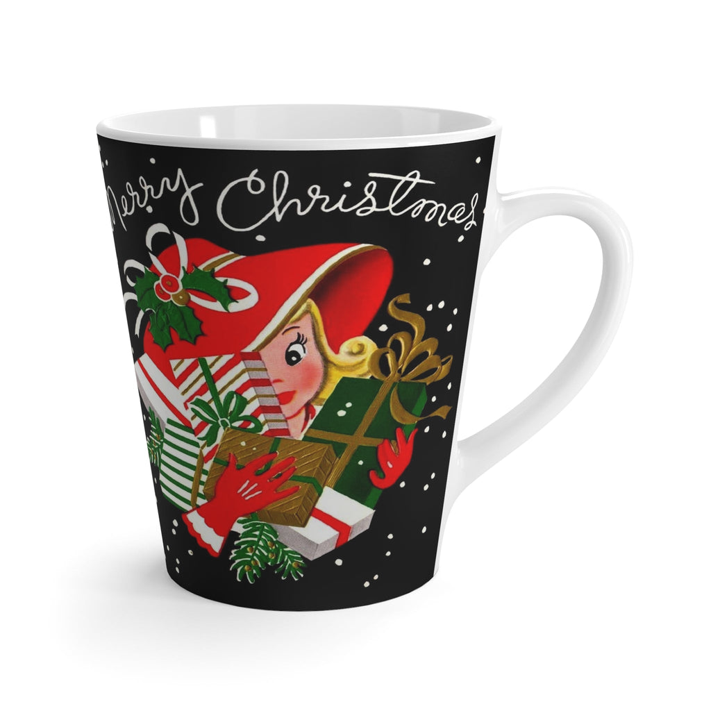 Merry Christmas Lady With Presents Retro Christmas Print Latte Coffee Mug