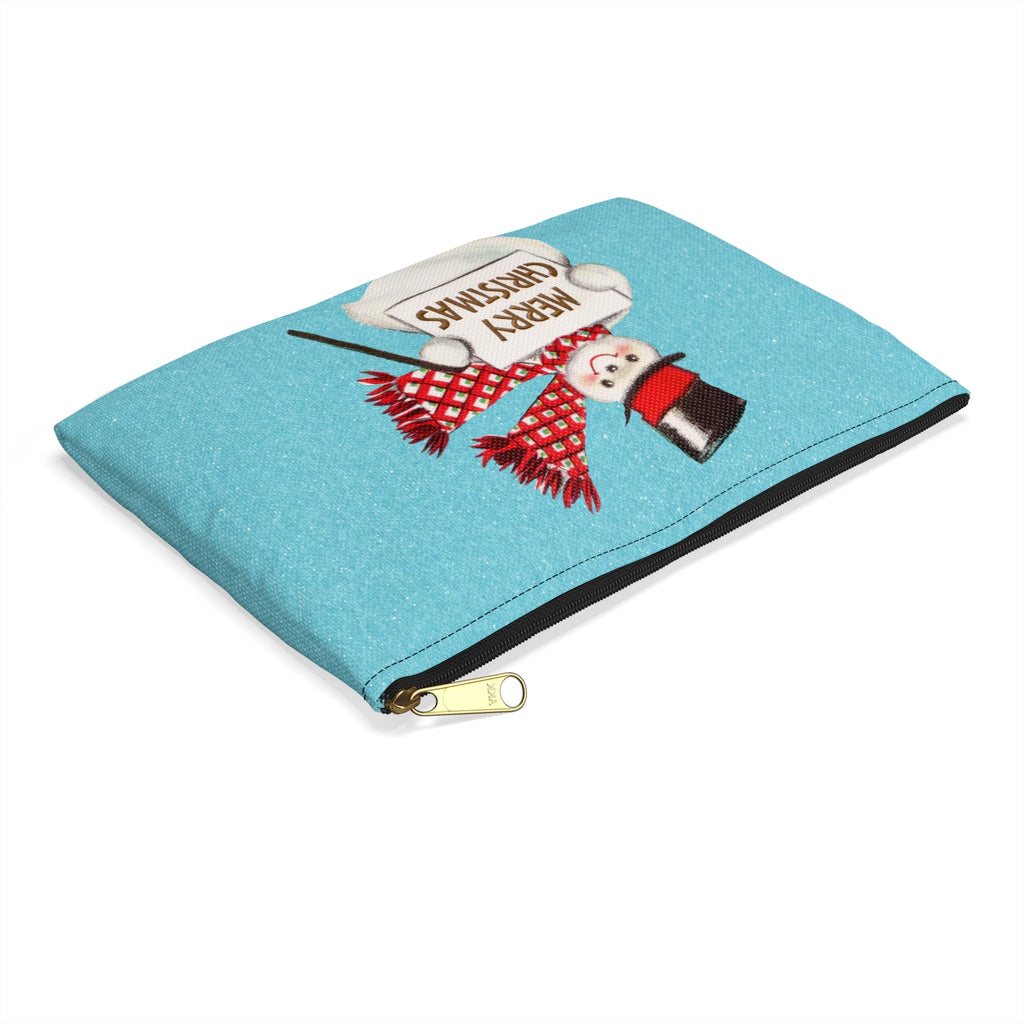 Merry Christmas Snowman Blue Mid Century Retro Christmas Print Polyester Accessory Pouch Travel Bag