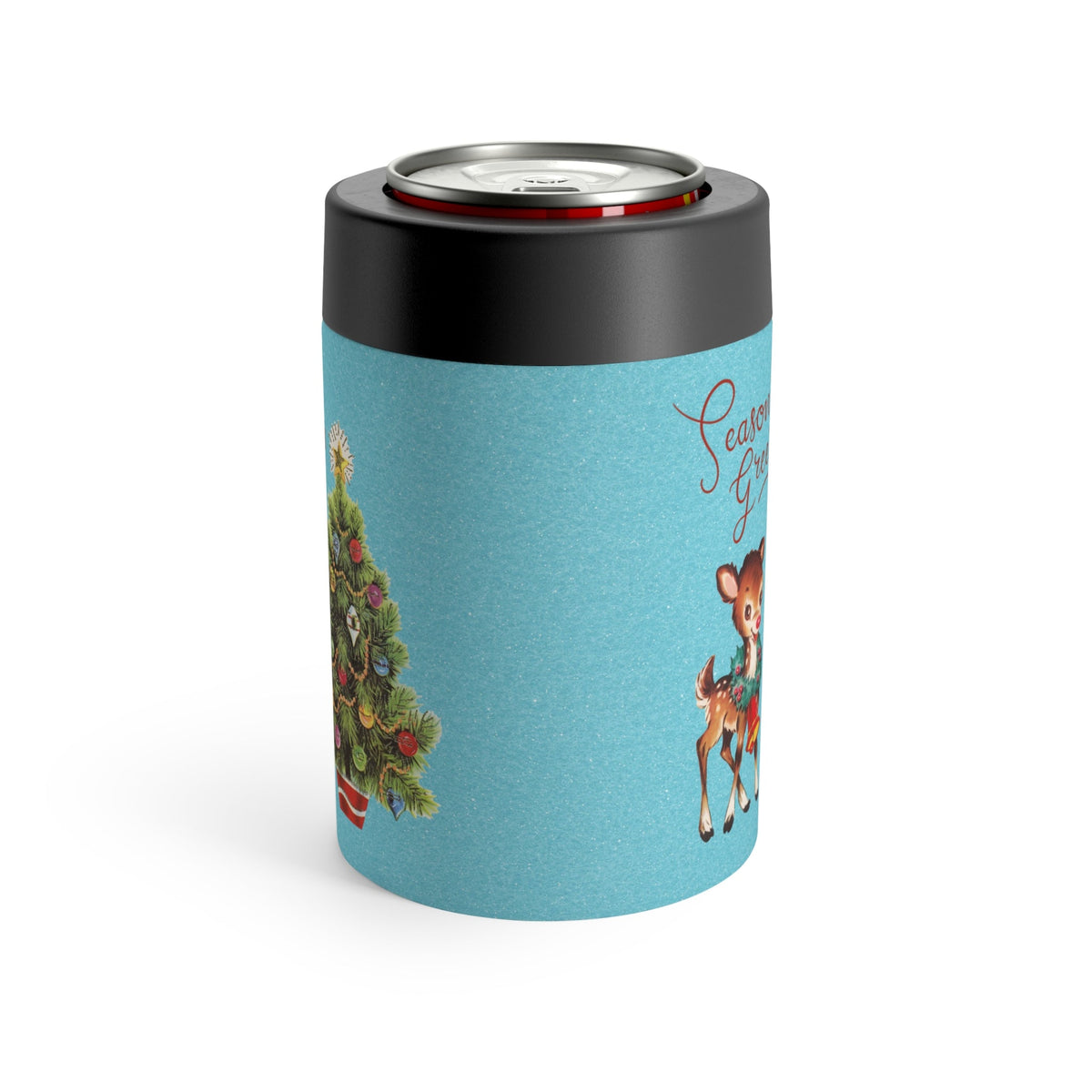 Season's Greeetings Reindeer Christmas Tree Blue Background Mid Century Retro Christmas Print Stainless Steel Can Holder