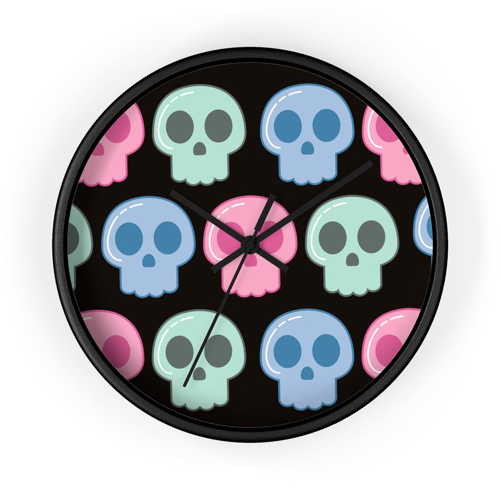 Cute Skulls Pastel Halloween Black Wall Clock